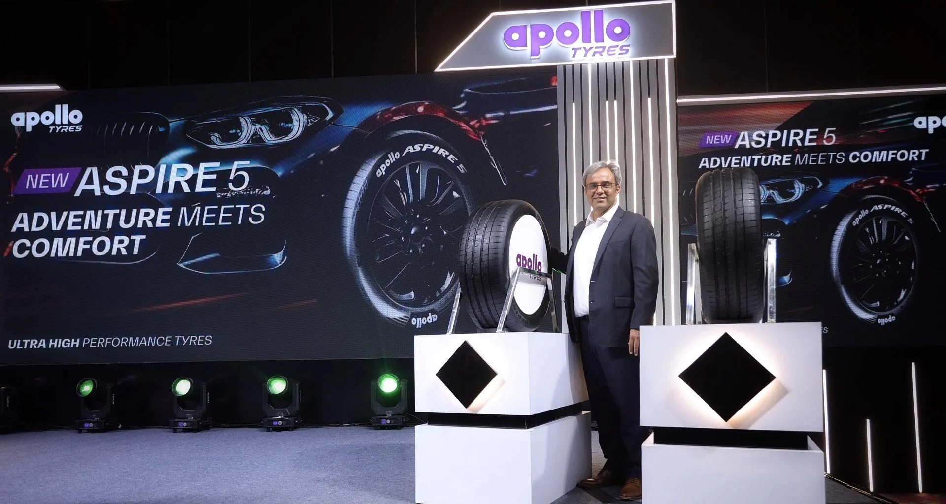 Apollo Aspire 5 UHP tyre launched for global luxury vehicles, featuring quiet performance and high-speed stability
