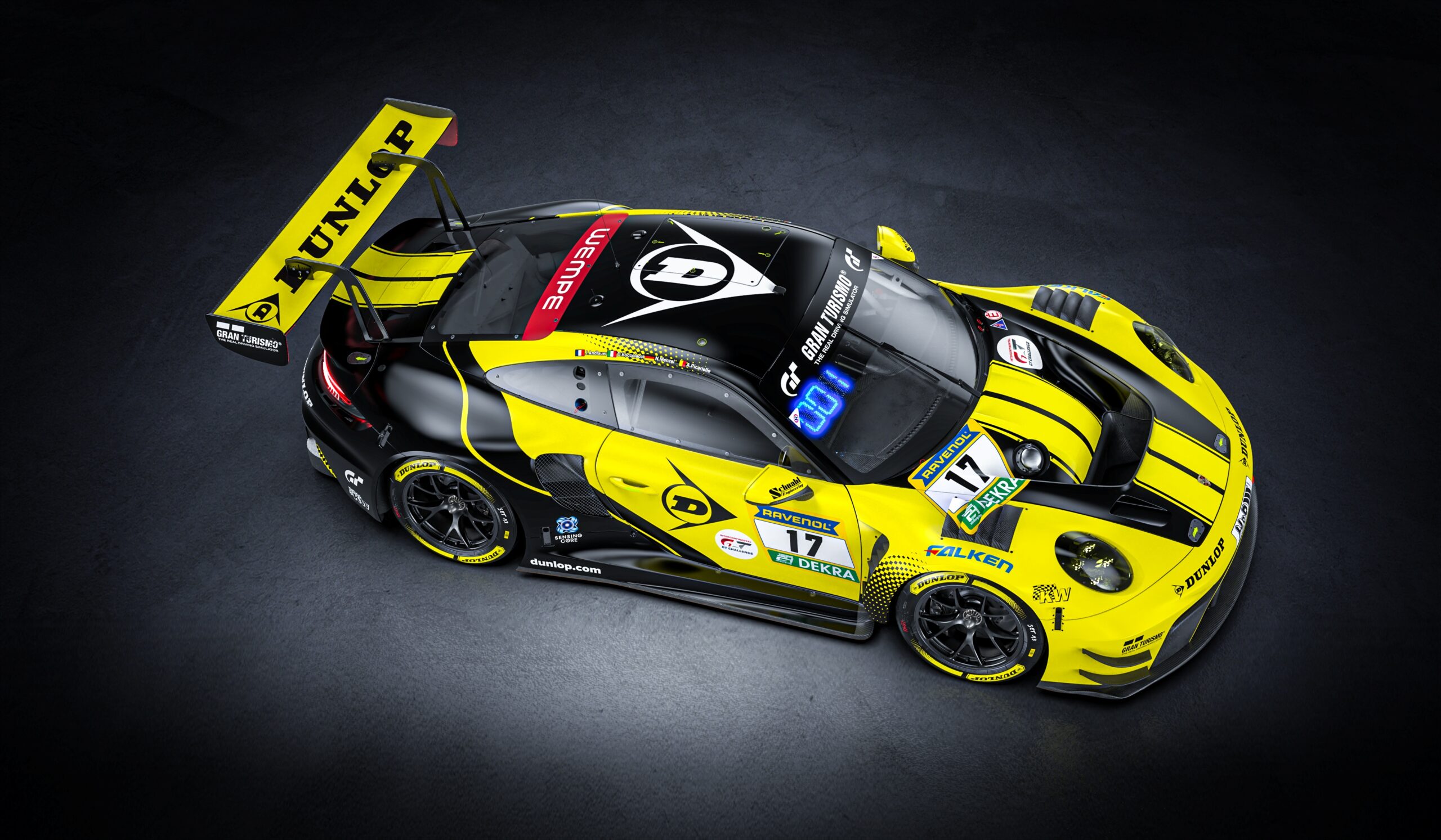 Dunlop Motorsport Porsche 911 GT3 R in yellow and black Gran Turismo livery racing