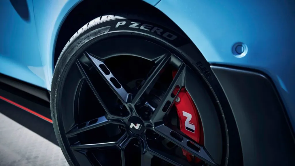 Close-up of the new Pirelli P Zero tyre featuring ELECT technology on the high-performance electric Hyundai Ioniq 6 N coupe