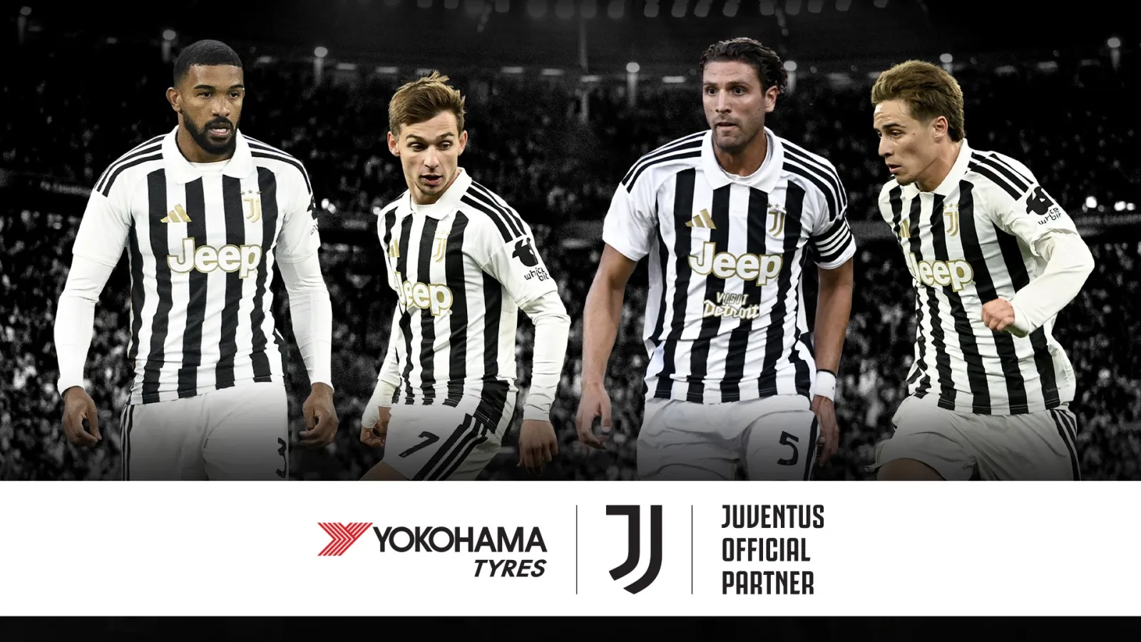 Yokohama-Juventus partnership announcement featuring Gleison Bremer, Francisco Conceicao, Manuel Locatelli, and Kenan Yildiz. (Image: Yokohama Rubber)