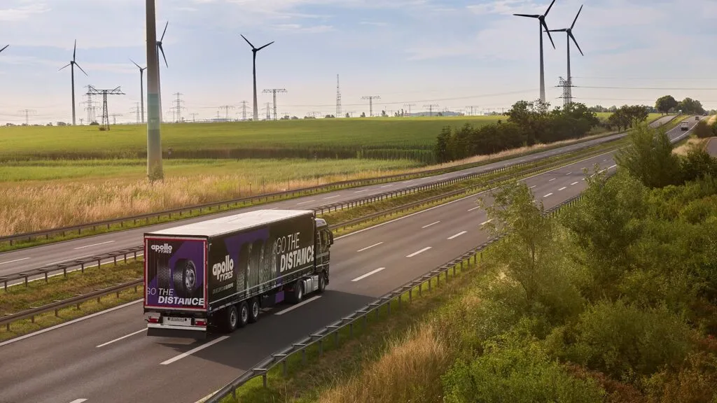 A semi-truck carrying an Apollo Tyres trailer. (Photo: Apollo Vredestein)